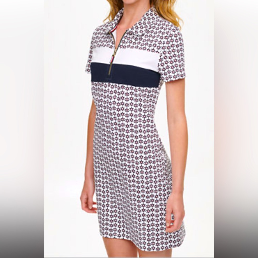 Tommy Hilfiger Mini Polo Dress With Black Flower Motif,Collar, Zipper Front Sz M